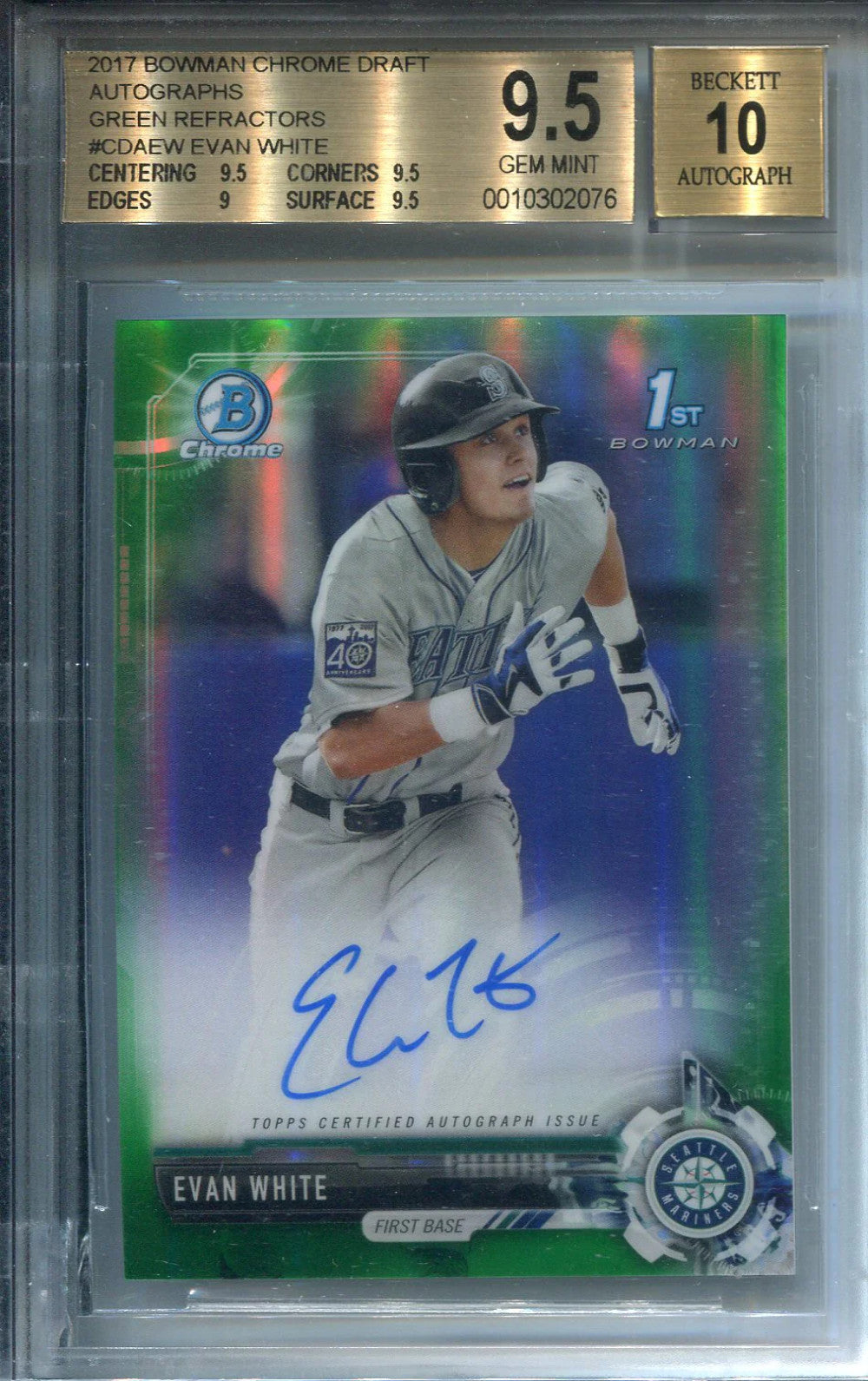 Evan White Autographed 2017 Bowman Chrome Draft Green Refractors Rookie Card (Bv