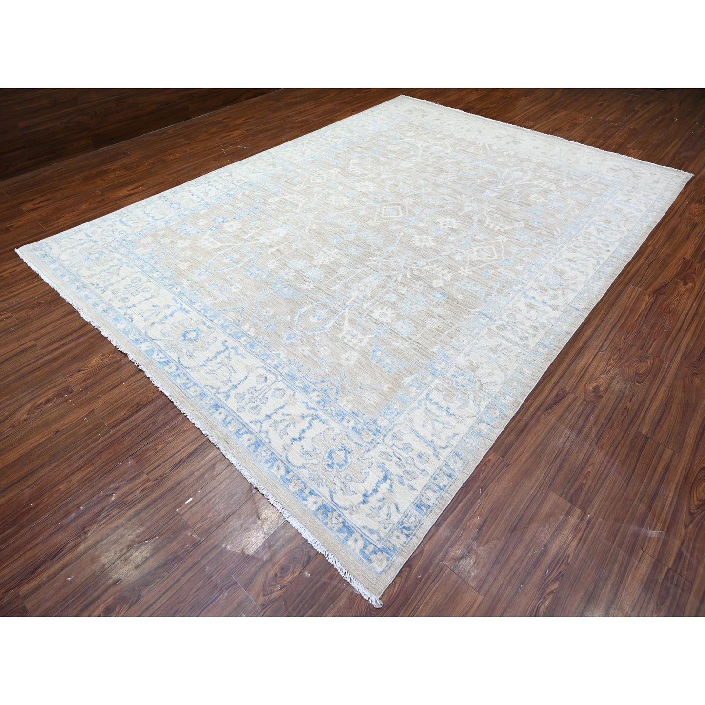 8'9"X12' Brown White Wash Peshawar Wool Hand Knotted Oriental Rug
