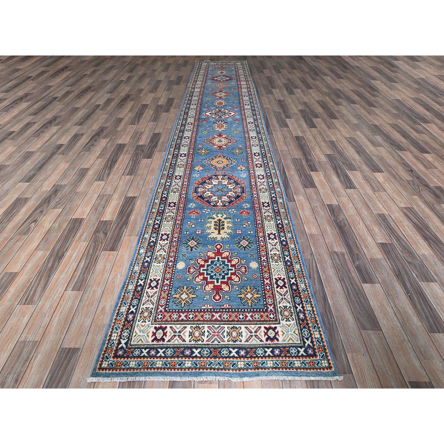 3'2"X16'1" Blue Kazak With Medallions Design Hand Knotted Wool Runner Rug