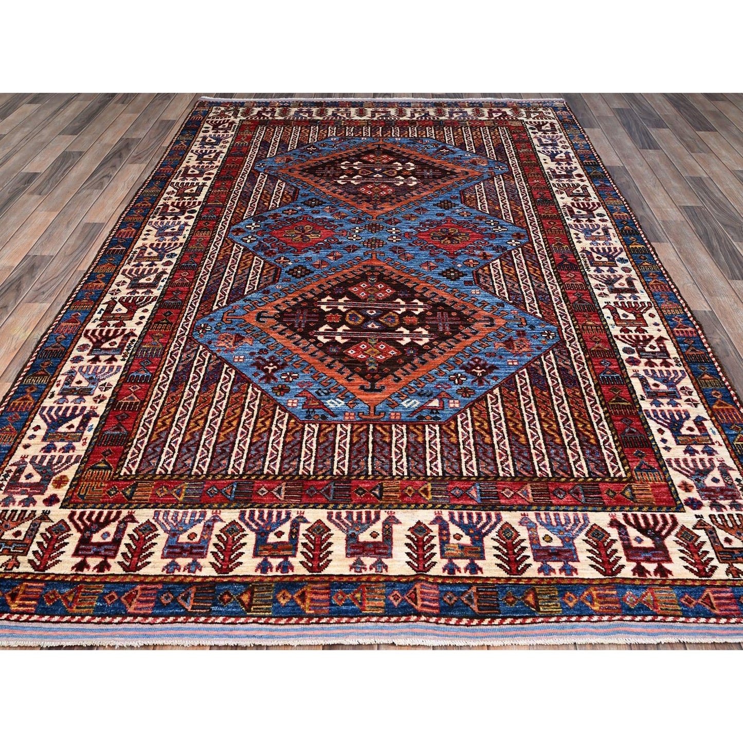 5'10"X9' Azure Blue Hand Knotted Shiny Wool Turkish Knot Striped Rug