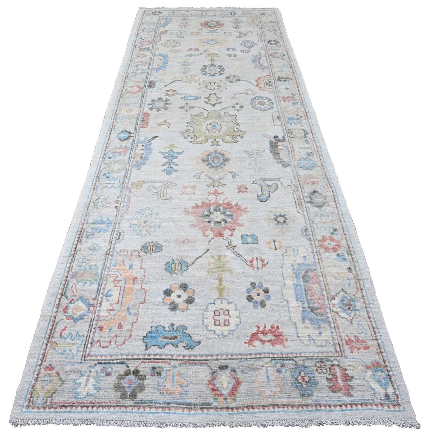 4'1"X11'7" White Hand Knotted Afghan Angora Oushak 100% Wool Runner Rug
