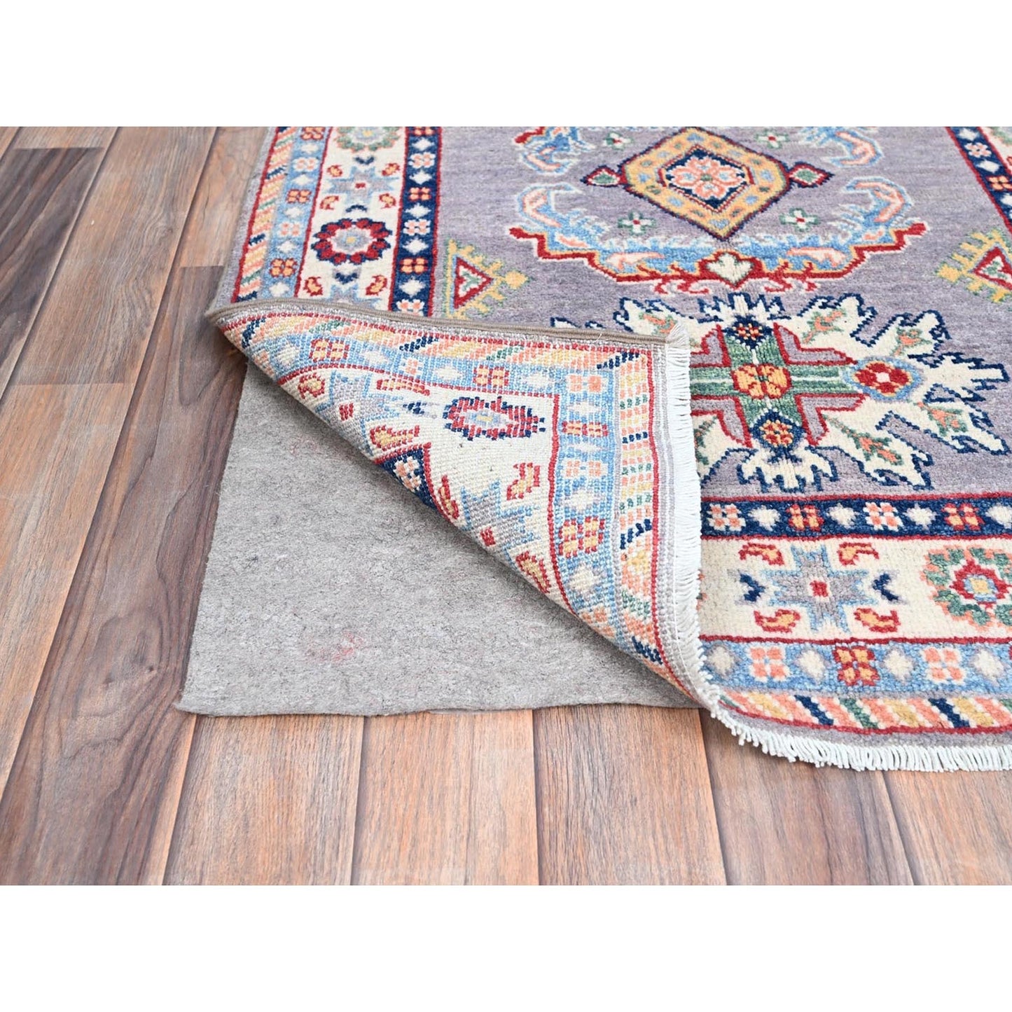 2'9"X7'10" Gray Kazak Tribal Medallions Hand Knotted Oriental Runner Rug