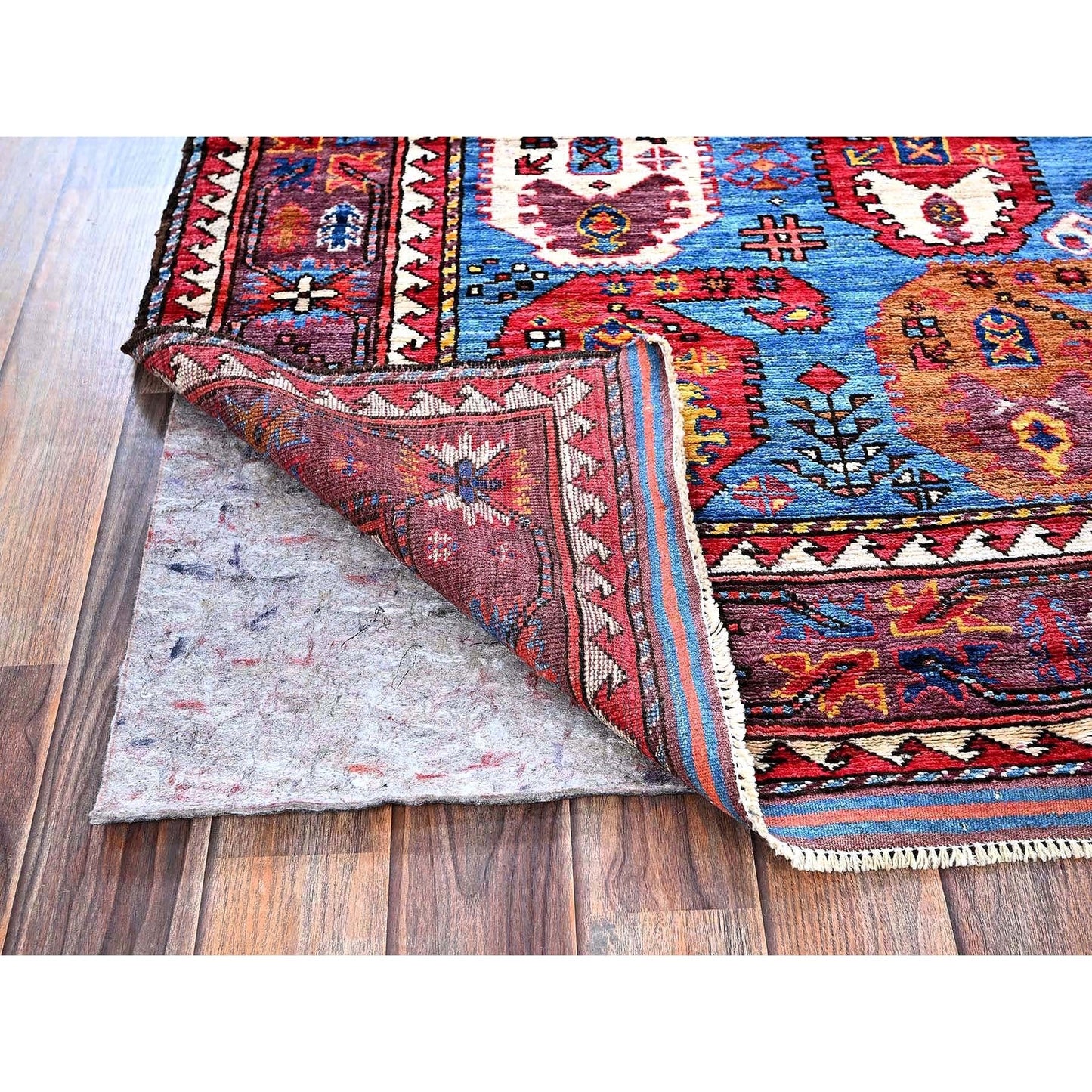 4'3"X5'8" Blue Afghan Caucasian Design Revival Hand Knotted Soft Wool Rug