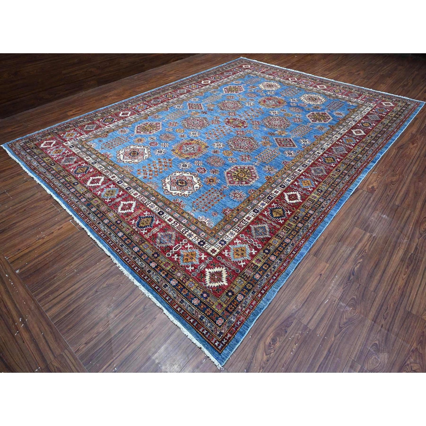 10'2"X13'8" Blue Hand Knotted Super Kazak All Over Motifs Oriental Rug