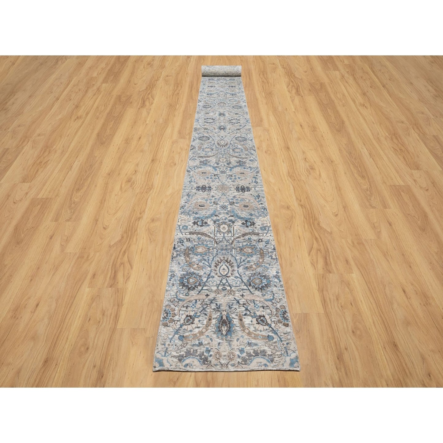 2'7"X25'9" White Hand Knotted Sickle Leaf Silk And Wool Xl Runner Rug