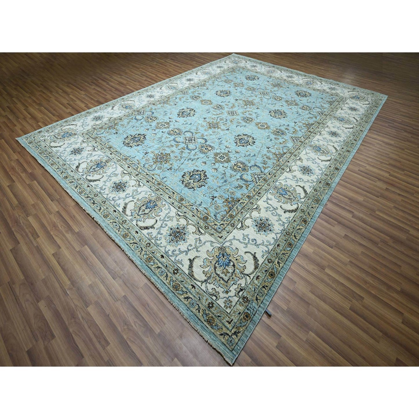 10'X13'10" Blue Hand Knotted Agra Shah Abbas Flower Vines Design Wool Rug