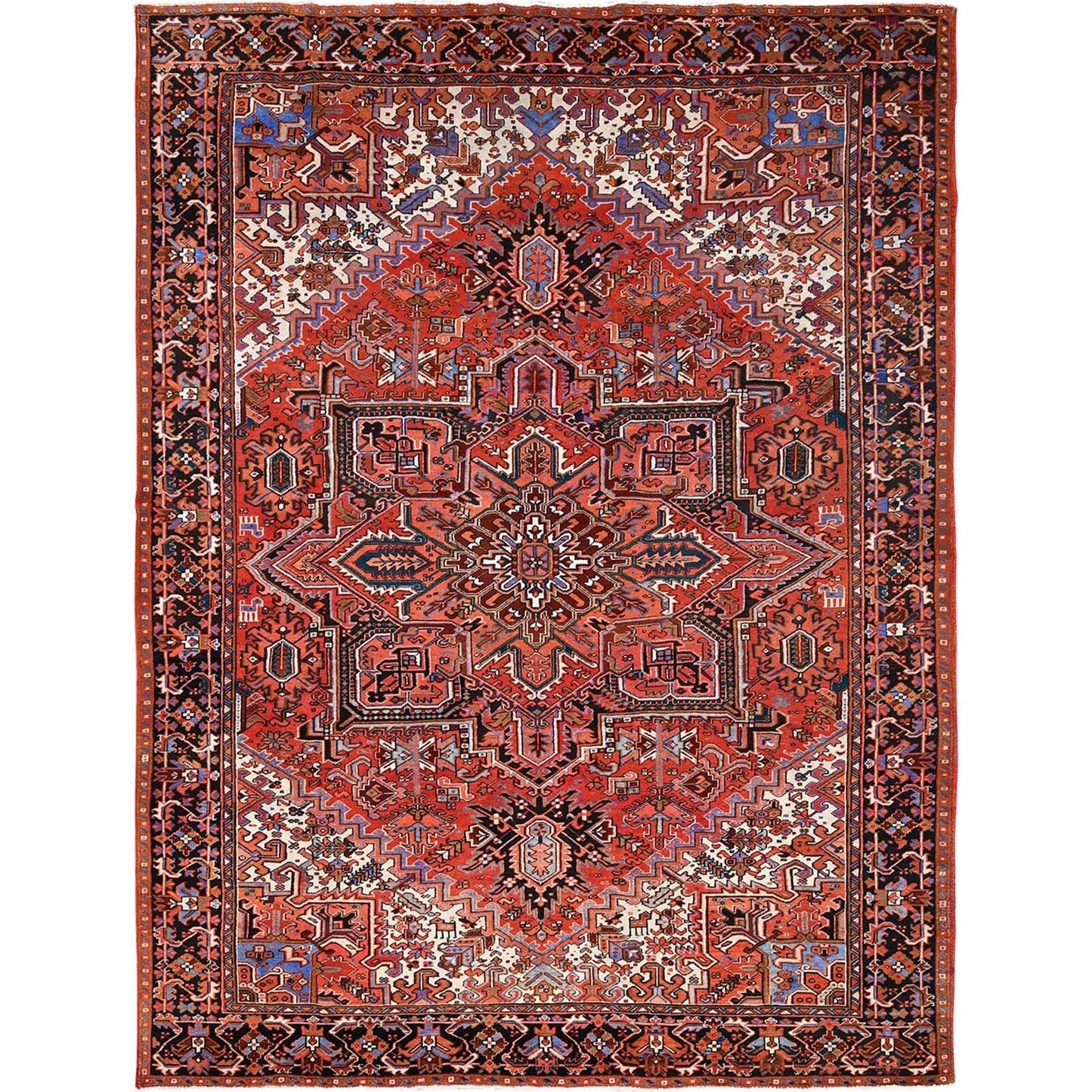 10'1"X13'2" Red Semi Antique Zoroastrian Heris Worn Wool Hand Knotted Rug