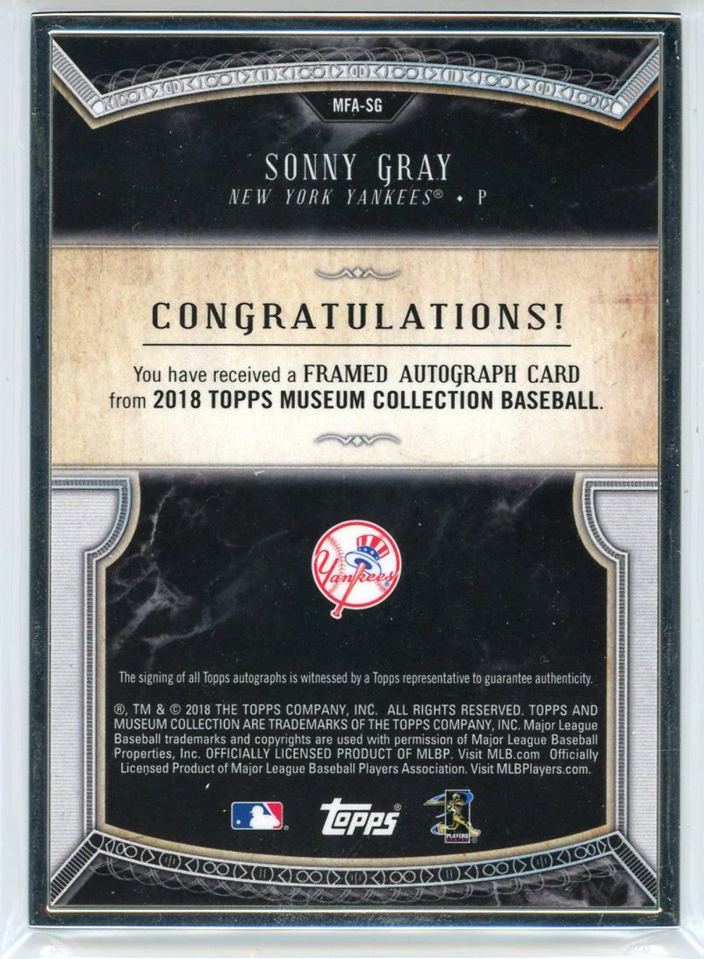 Sonny Gray Autographed 2018 Topps Museum Collection Framed Card #Mfa-Sg