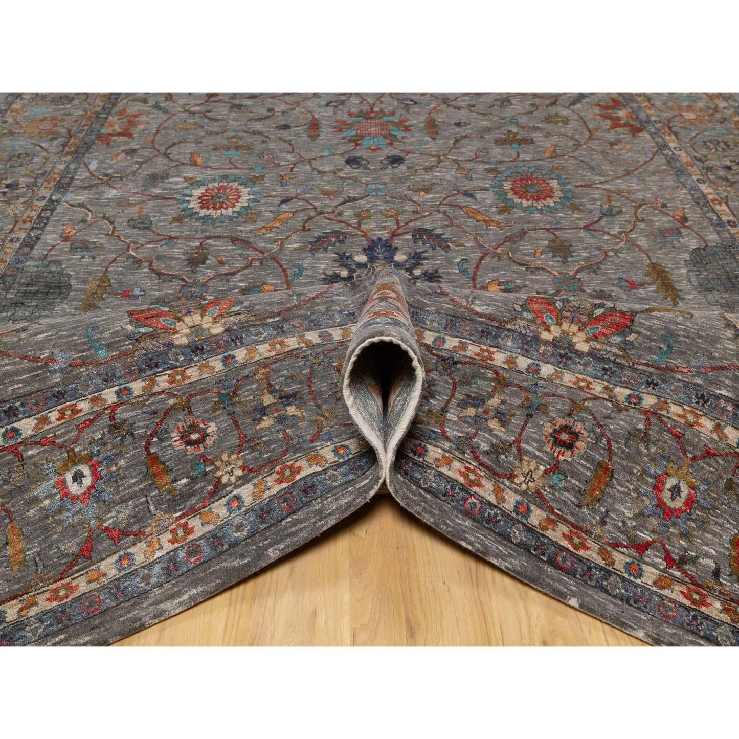 9'X12'1" Brown Scrolls Leaf Design Striae Hand Knotted Silk And Wool Rug