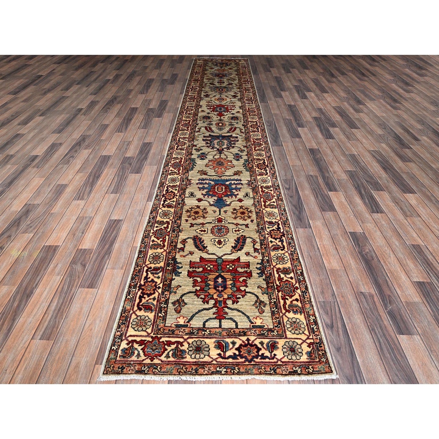 2'10"X15' Oyster Gray Heris Design Soft Wool Hand Knotted Xl Runner Rug