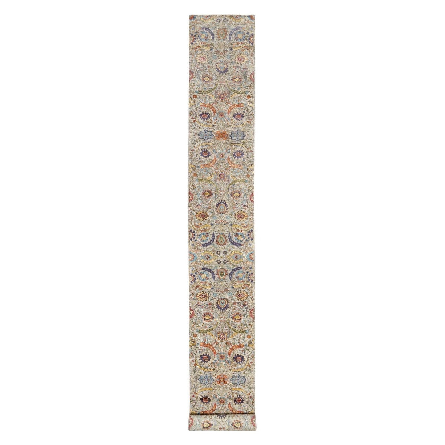 2'7"X22'1" Beige Hand Knotted Silk And Wool Sickle Leaf Xl Runner Rug