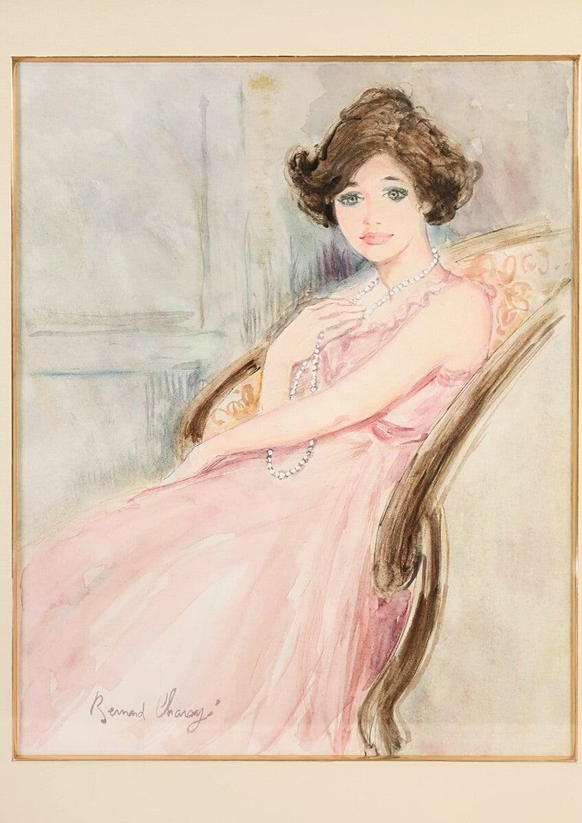 Bernard Charoy Original Watercolor Painting "Lady In Pink Dress" Signed French