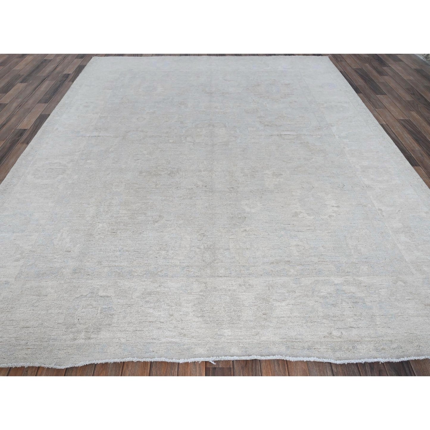 8'X9'10" Cloud Gray White Wash Peshawar Hand Knotted 100% Wool Oriental Rug