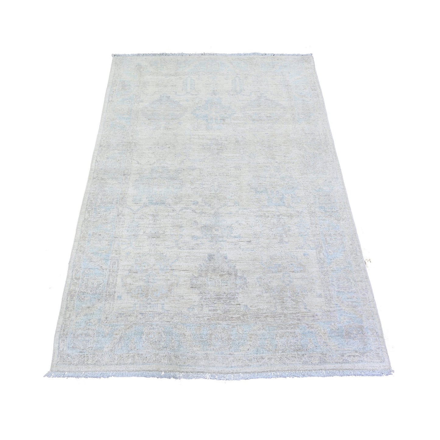 3'10"X5'8" Lace Ivory Stone Washed Peshawar Faded Out Hand Knotted Rug