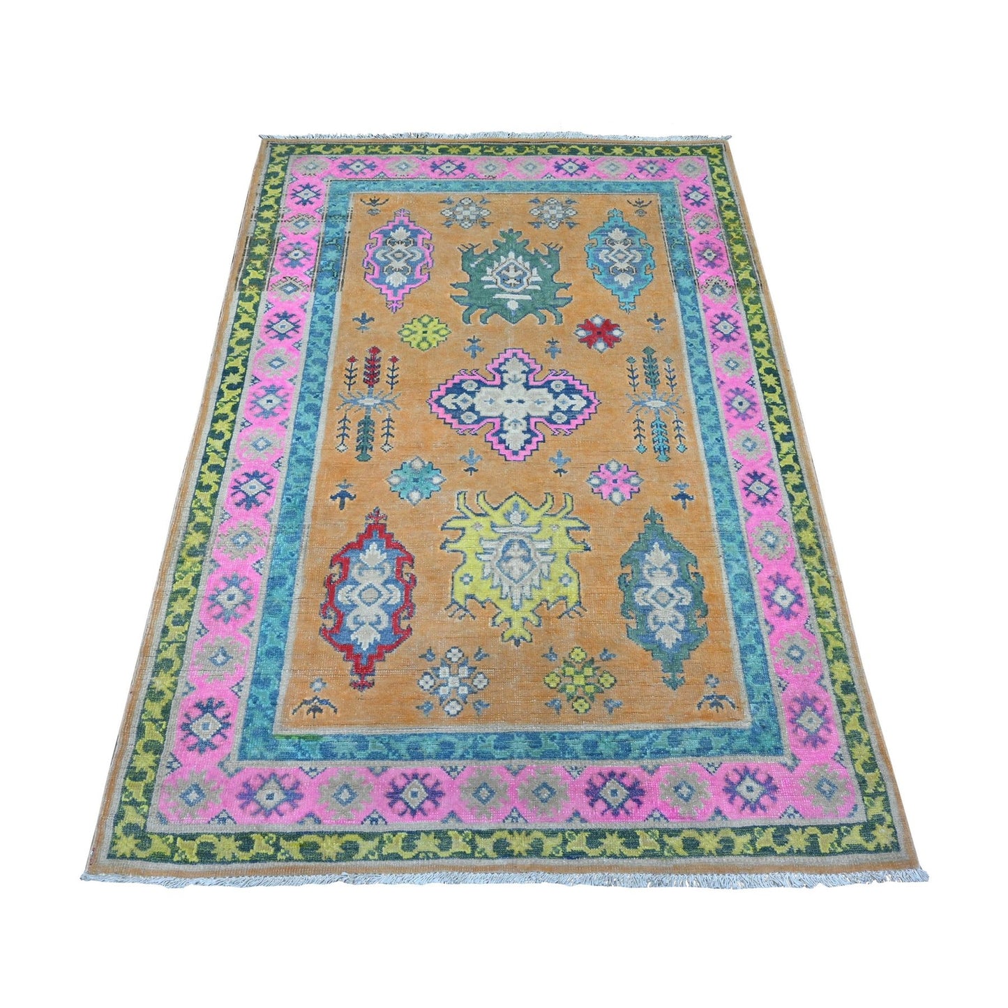 4'X5'9" Apricot Orange Vibrant Fusion Kazak All Natural Wool Oriental Rug