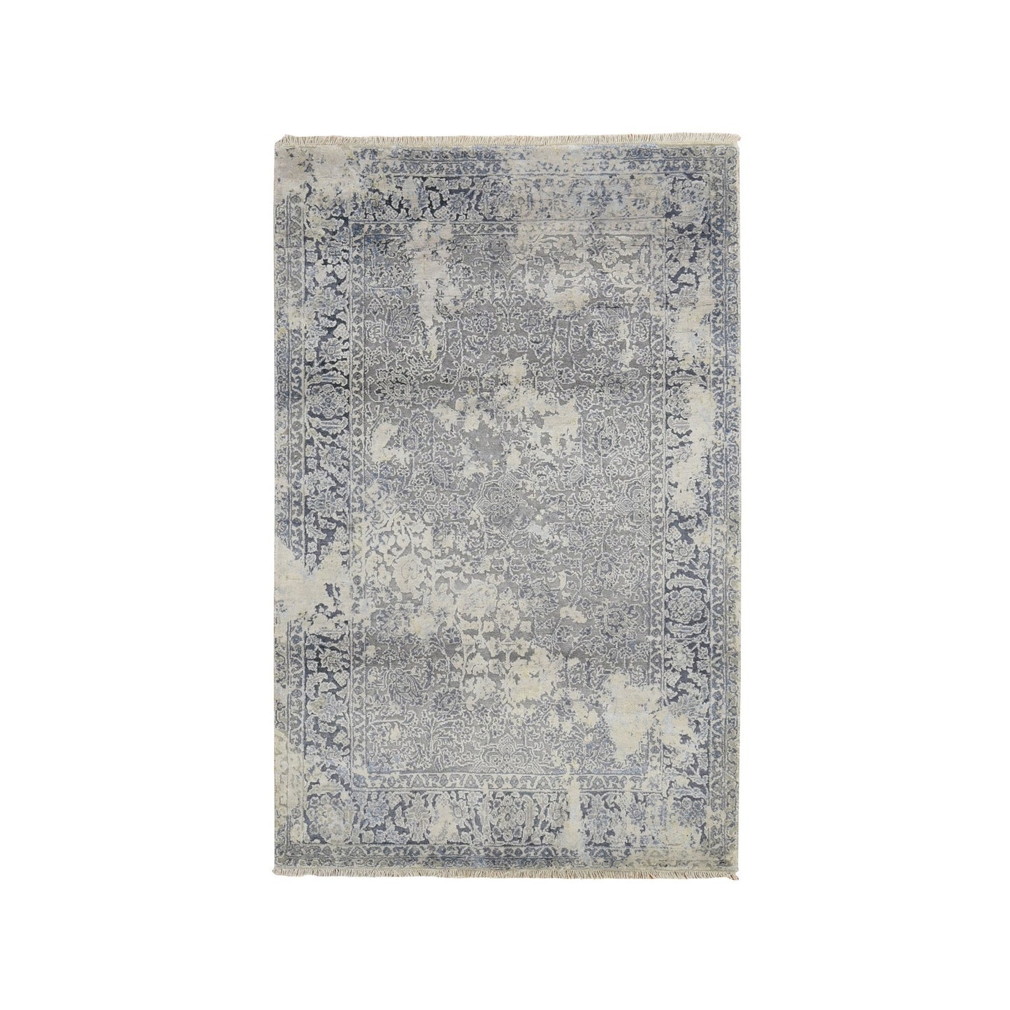 4'X6' Spruce Blue Wool & Pure Silk Erased Zoroastrian Design Oriental Rug