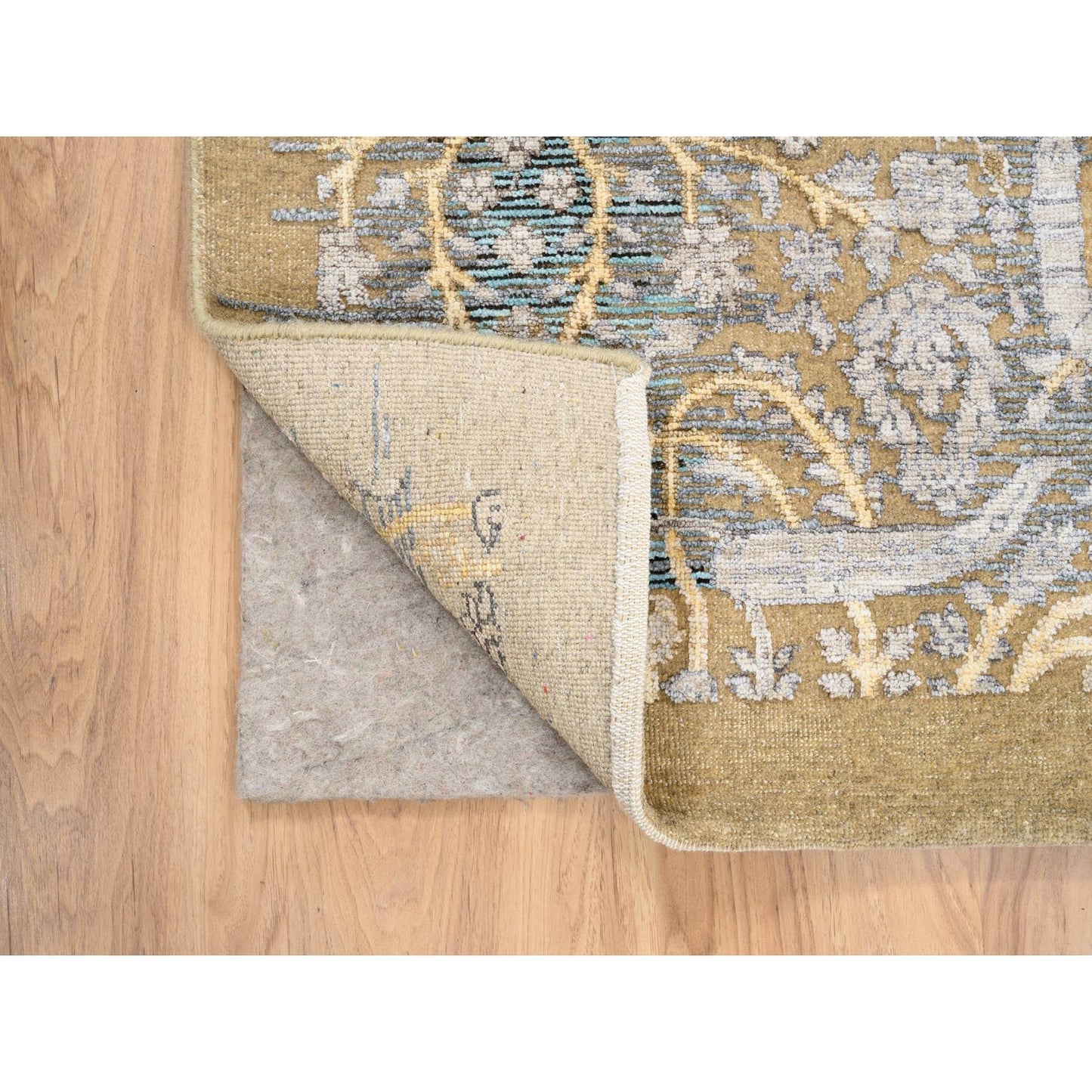 4'2"X10' Gold Brown Hand Knotted Silk With Wool Wide Runner Rug