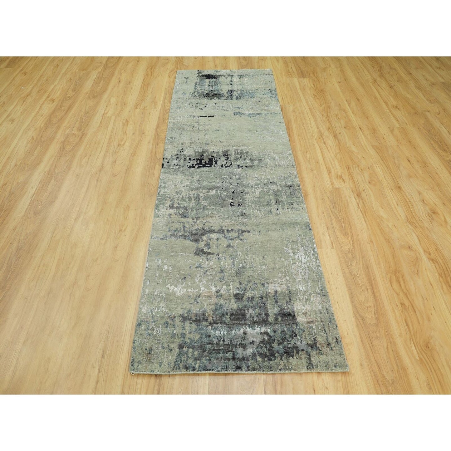 2'8"X7'10" Hand Knotted Silver Blue Modern Abstract Design Runner Rug