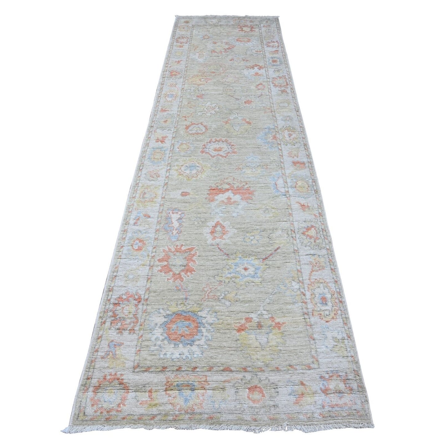 3'1"X11'8" Silver Green Vegetable Dyes Angora Oushak Runner Oriental Rug