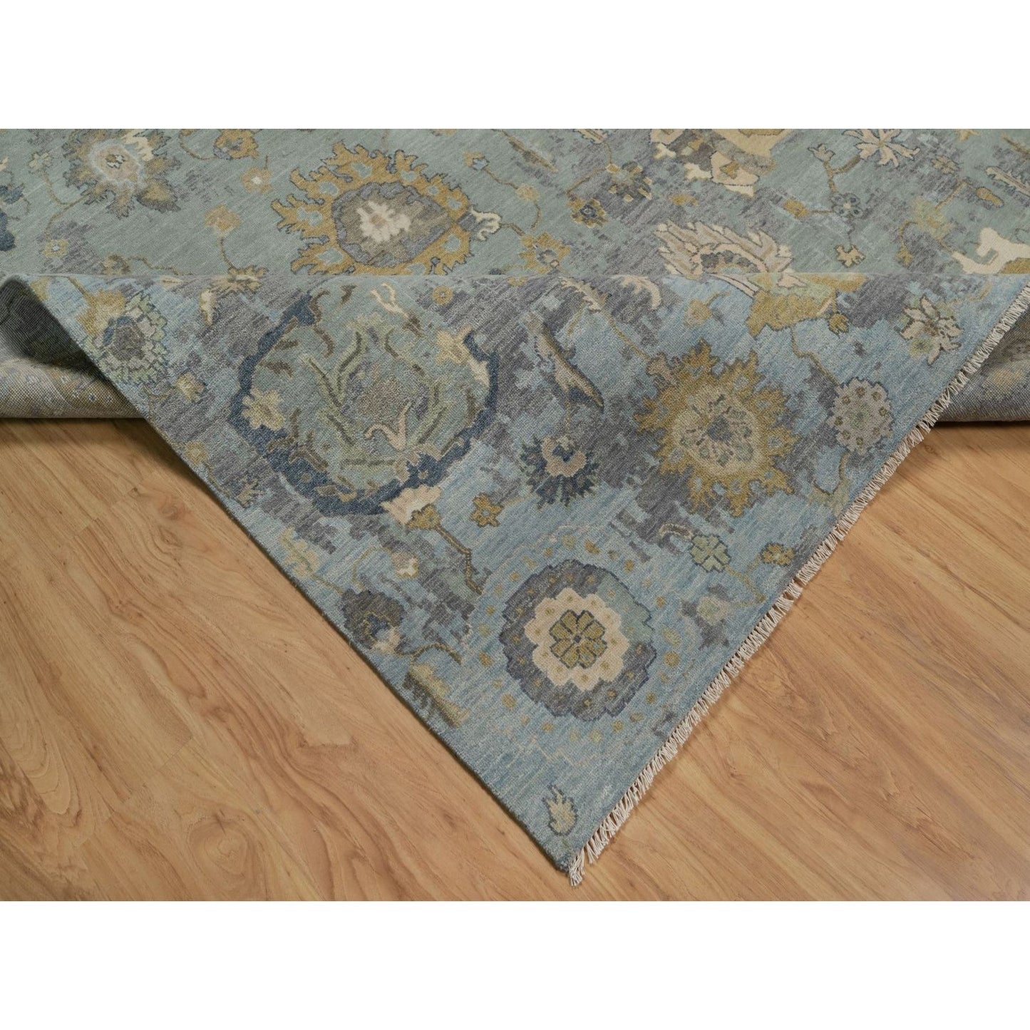 8'7"X12' Silt Green Pure Wool Rug Oushak With Leaf Pattern Hand Knotted