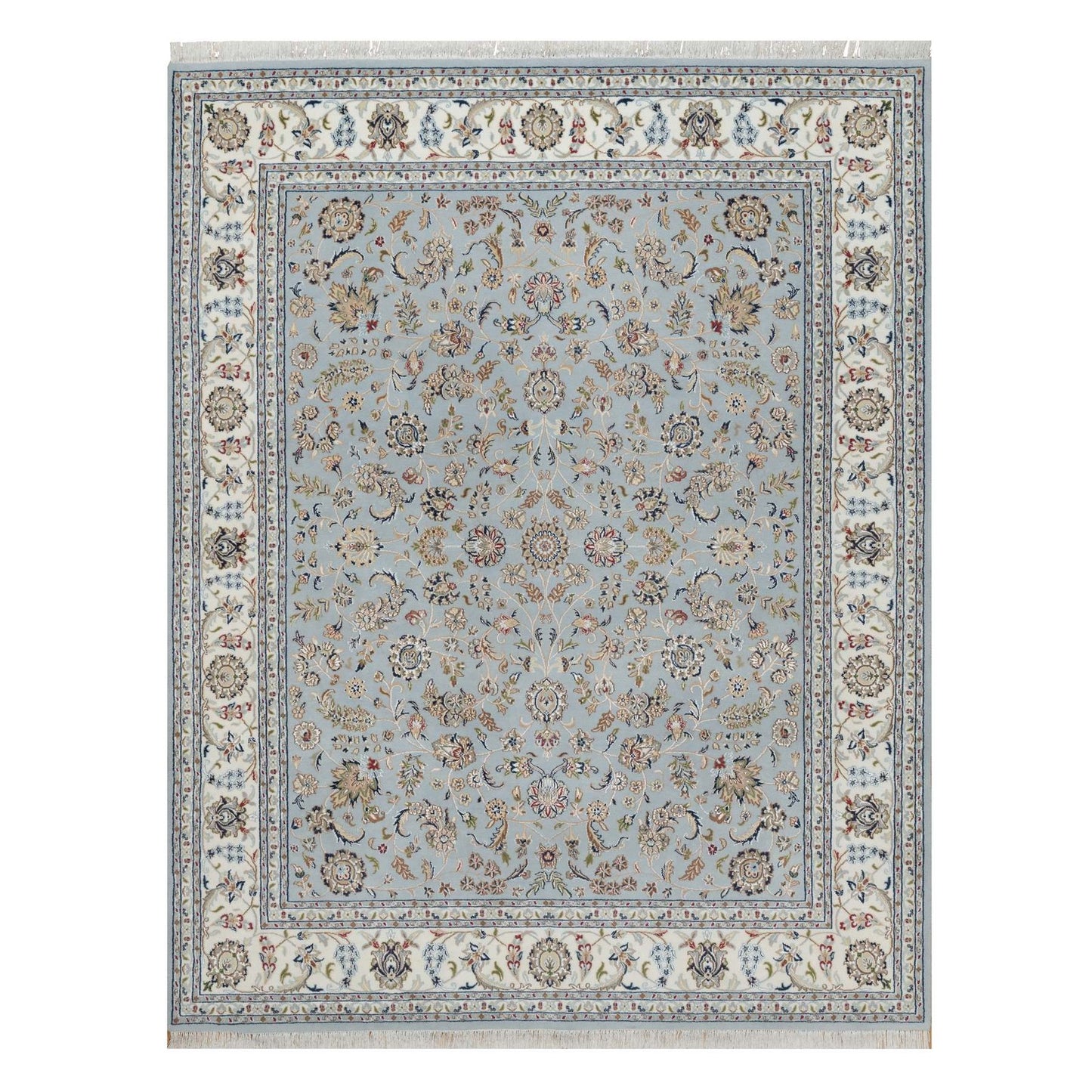 8'2"X10'5" Slate Blue Nain Flower Design Hand Knotted Wool And Silk Rug