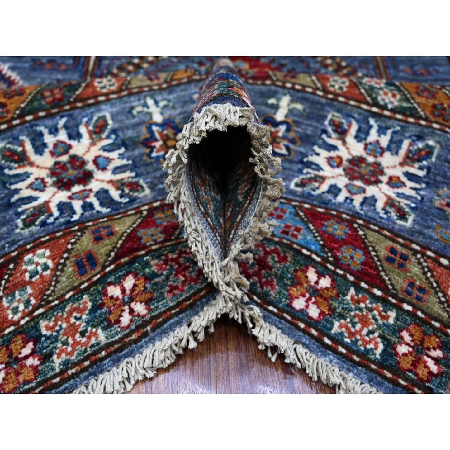 8'X9'6" Slate Gray Hand Knotted Geometric Super Kazak Wool Oriental Rug