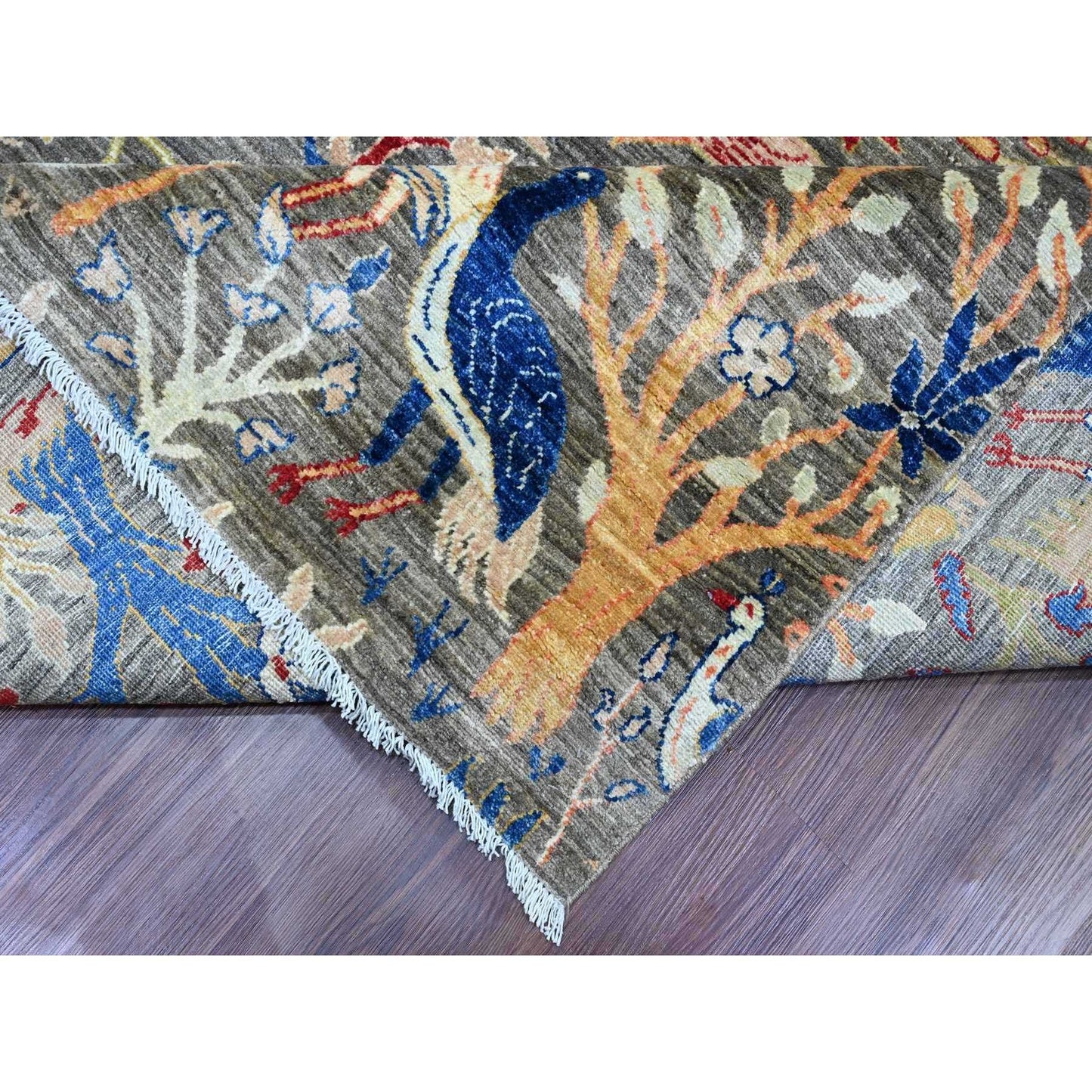 10'X13'6" Gray Hand Knotted Afghan Peshawar Birds Design Soft Wool Rug