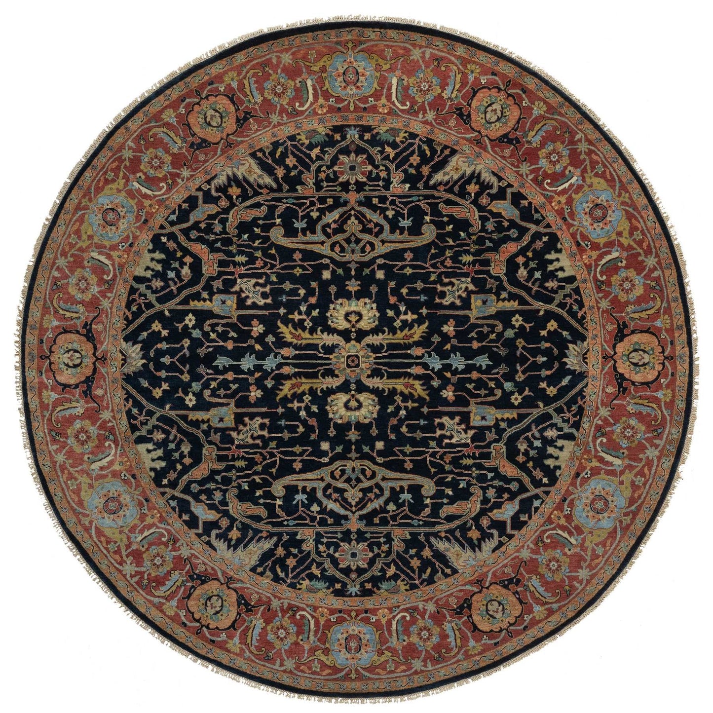 10'1"X10'1" Navy Antiqued Heris Re-Creation Hand Knotted Wool Round Rug