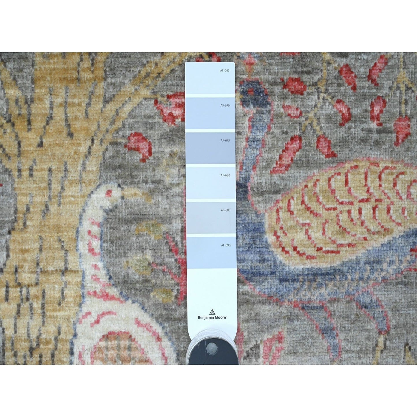5'9"X5'9" Gray Hand Knotted Afghan Peshawar Birds Design Wool Round Rug