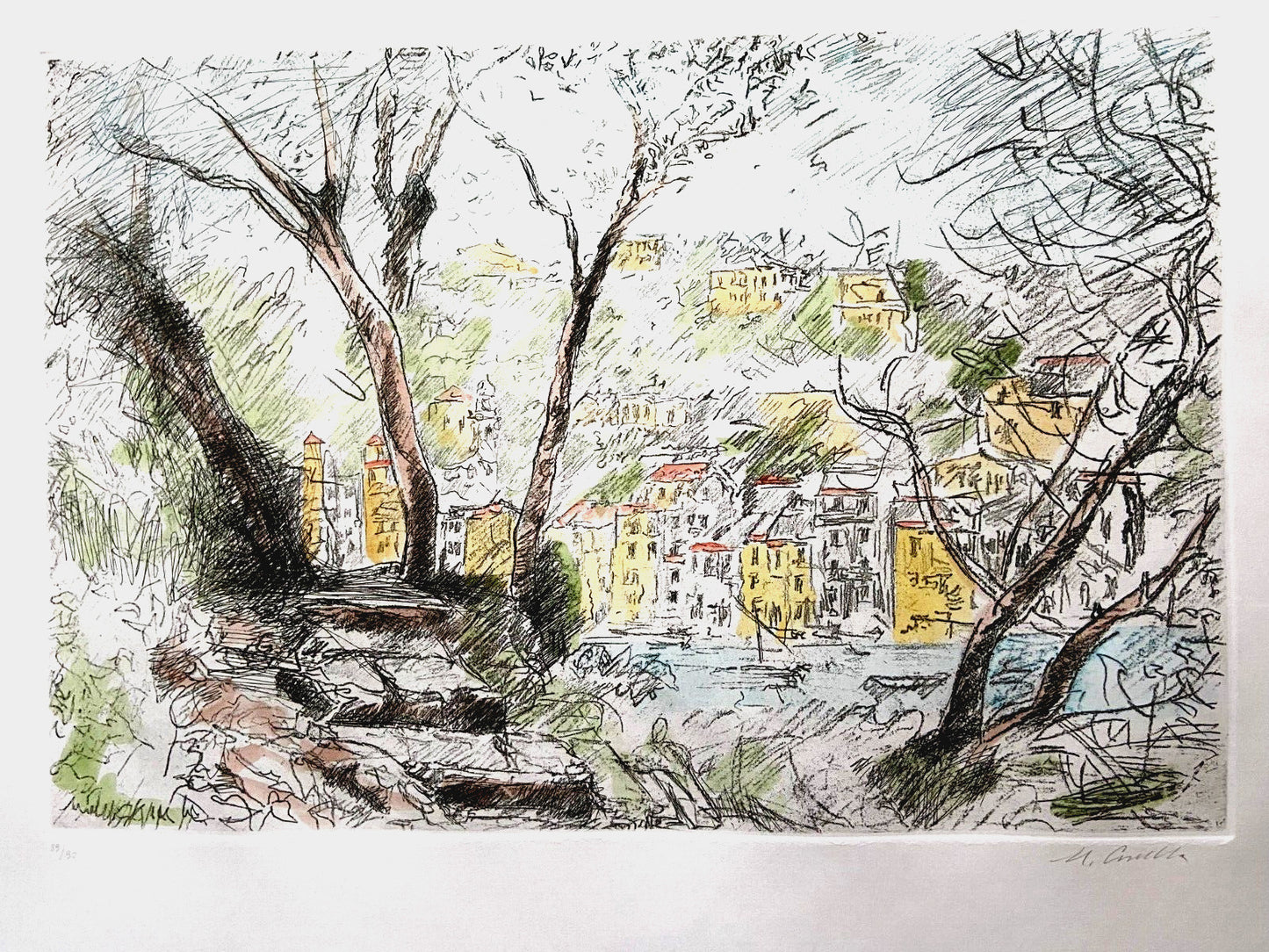Michele Cascella "Portofino" Engraving Watercolor