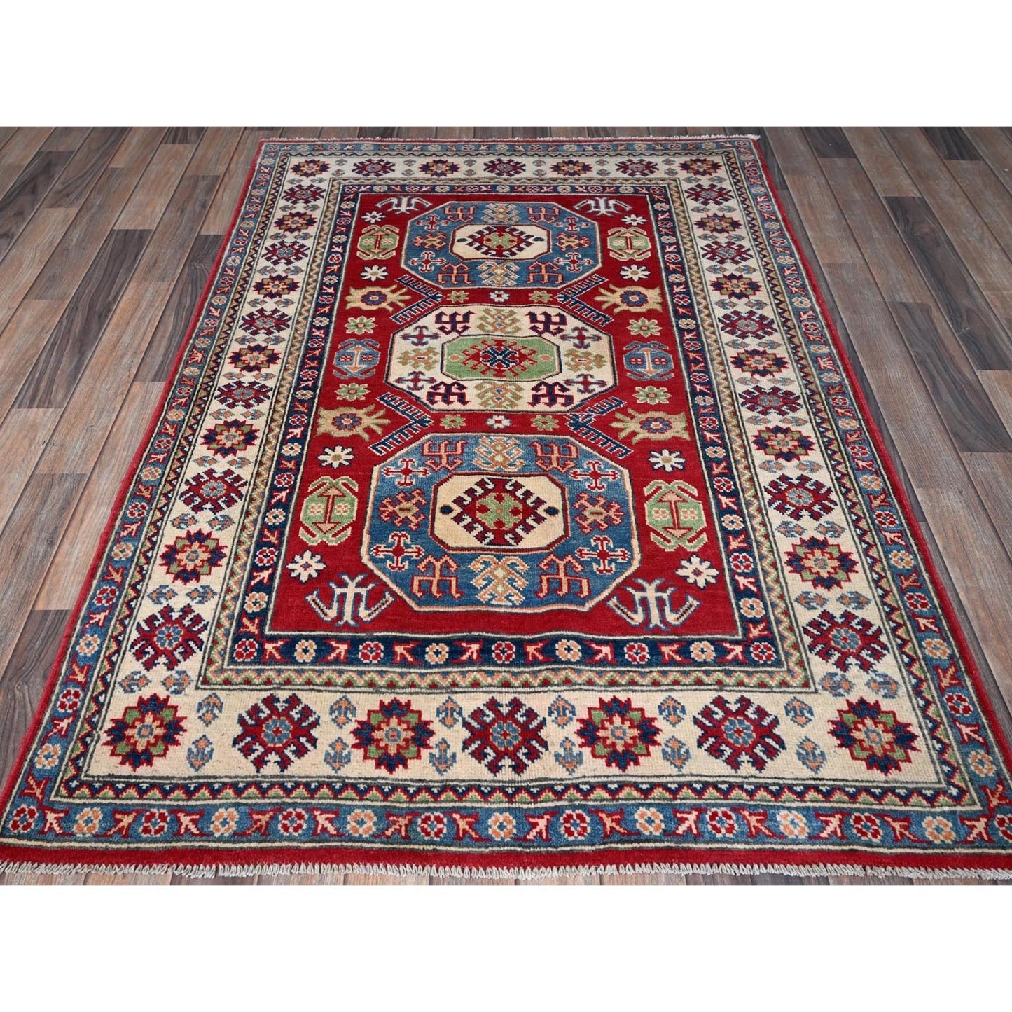 4'X5'8" Arsenal Red Kazak With Geometric Design Hand Knotted Soft Wool Rug