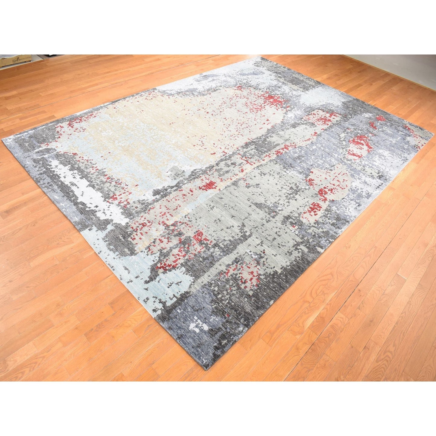 10'X14'2" Gray Abstract Design Denser Weave Pure Wool Hand Knotted Rug