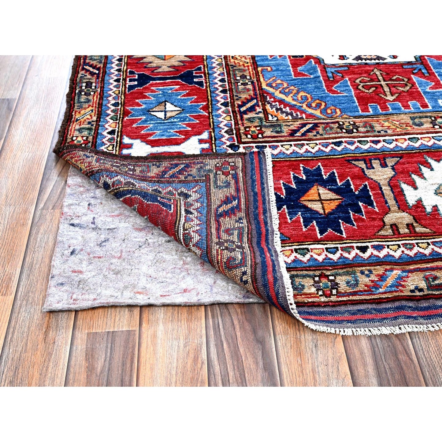 8'1"X9'10" Blue Afghan Caucasian Design Revival Hand Knotted Soft Wool Rug