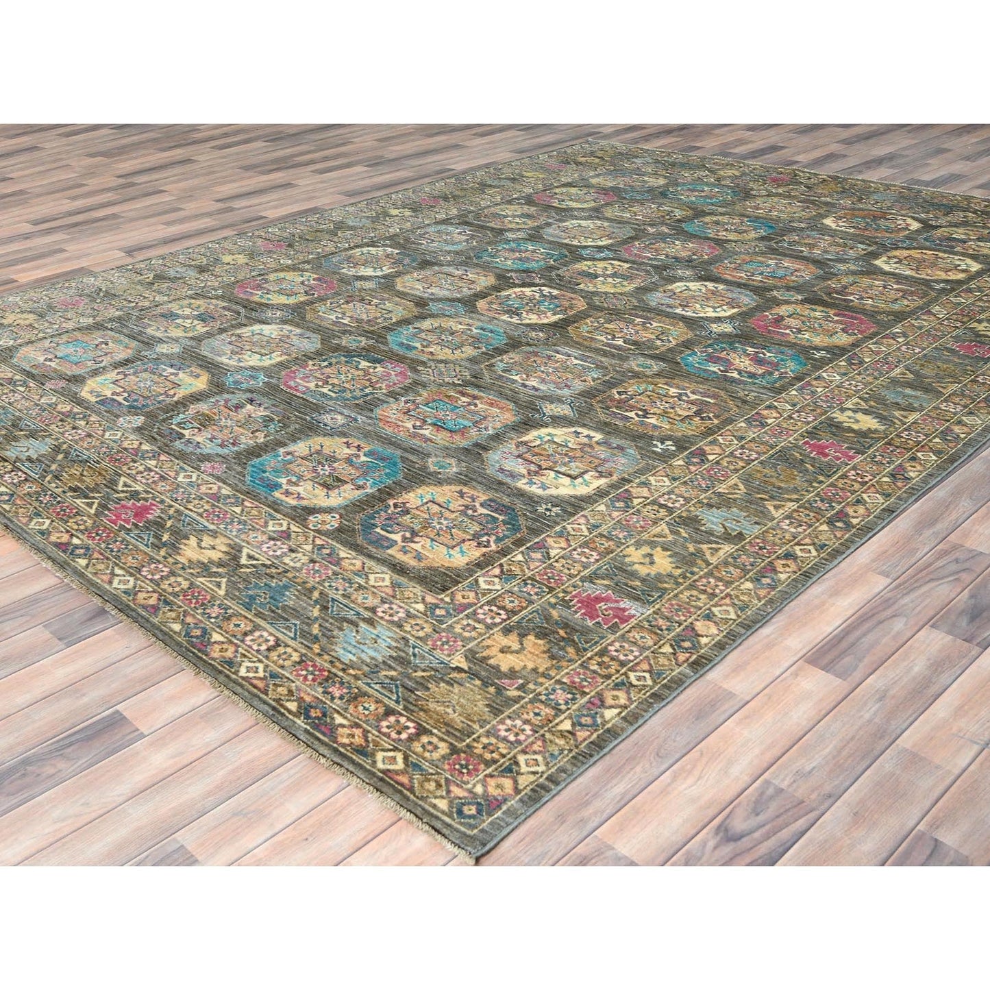 8'9"X11'7" Sage Green Hand Knotted Afghan Super Kazak Pure Wool Rug
