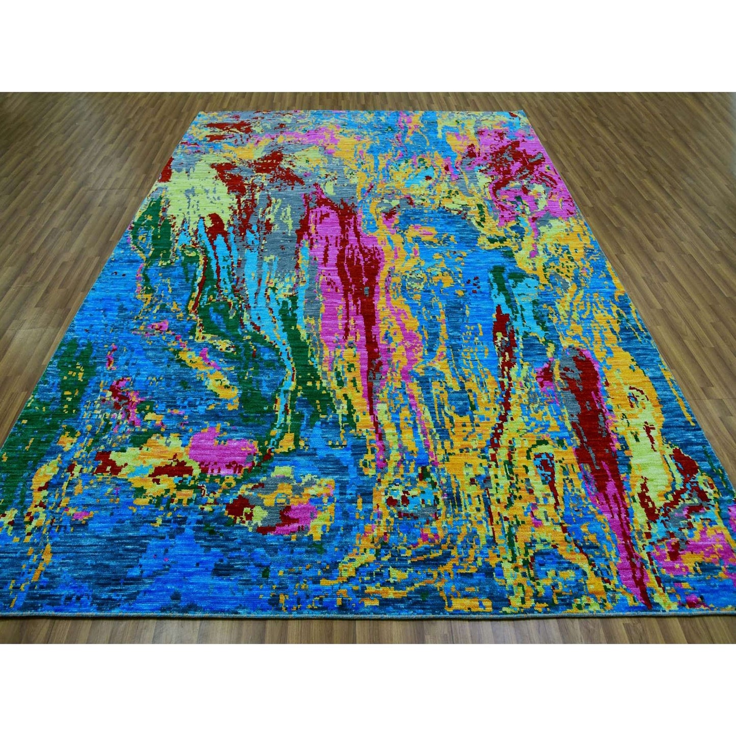9'X11'9" Hot Pink Blue Modern Design Hand Knotted Pure Wool Oriental Rug