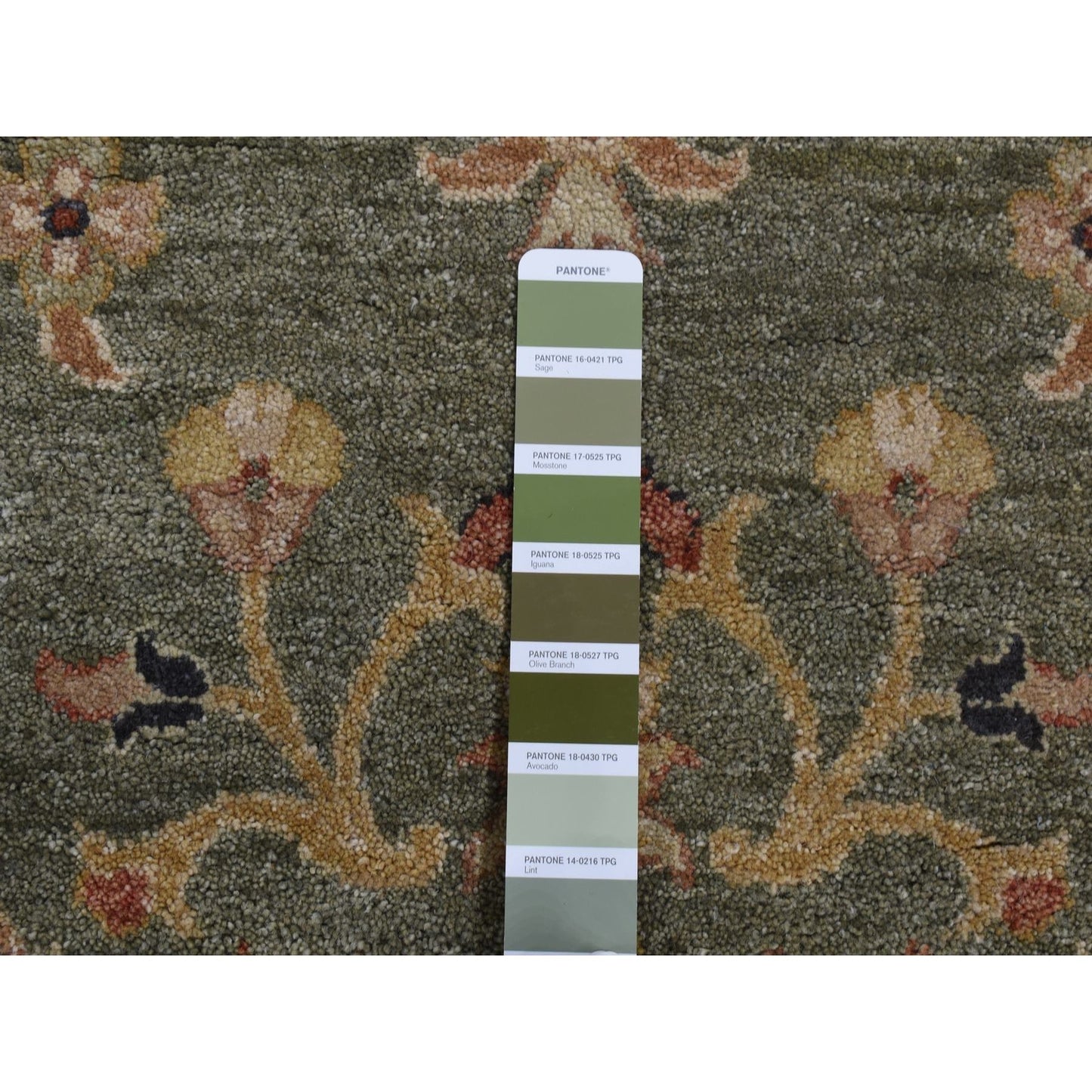 3'6"X32'2" Moss Green Pure Wool Hard Twist Agra Runner Hand Knotted Rug