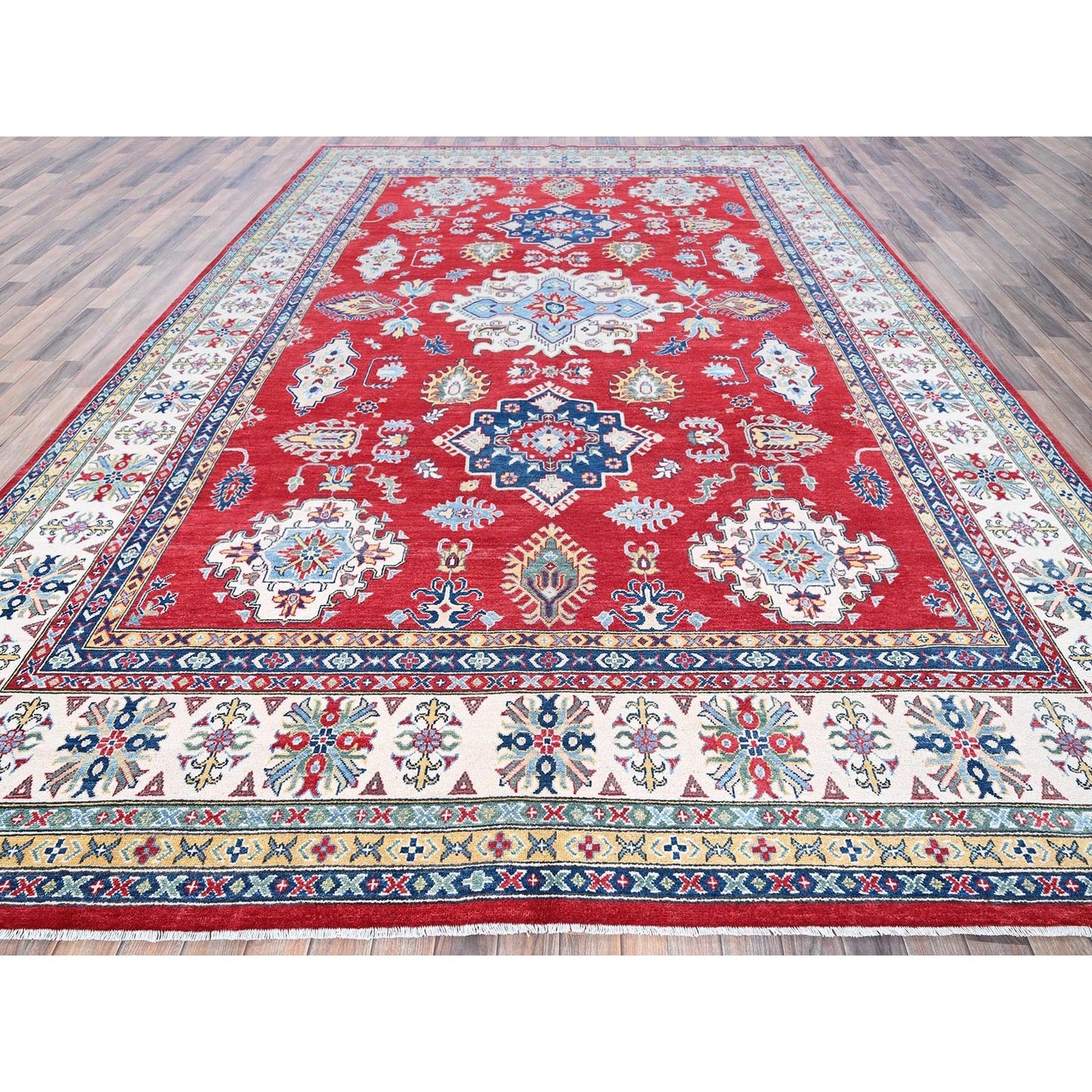 9'9"X14' Red Kazak With Tribal Medallions Design Hand Knotted Soft Wool Rug