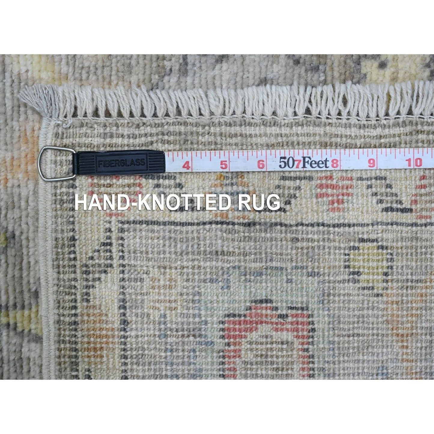 3'10"X12'1" Gray Hand Knotted Angora Oushak Leaf Design Wool Runner Rug