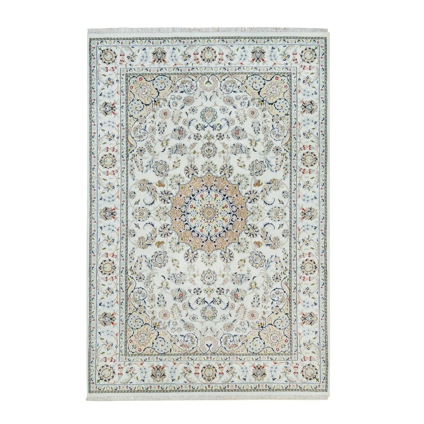 6'1"X9'1" White Hand Knotted Nain Design 250 Kpsi Natural Wool Rug