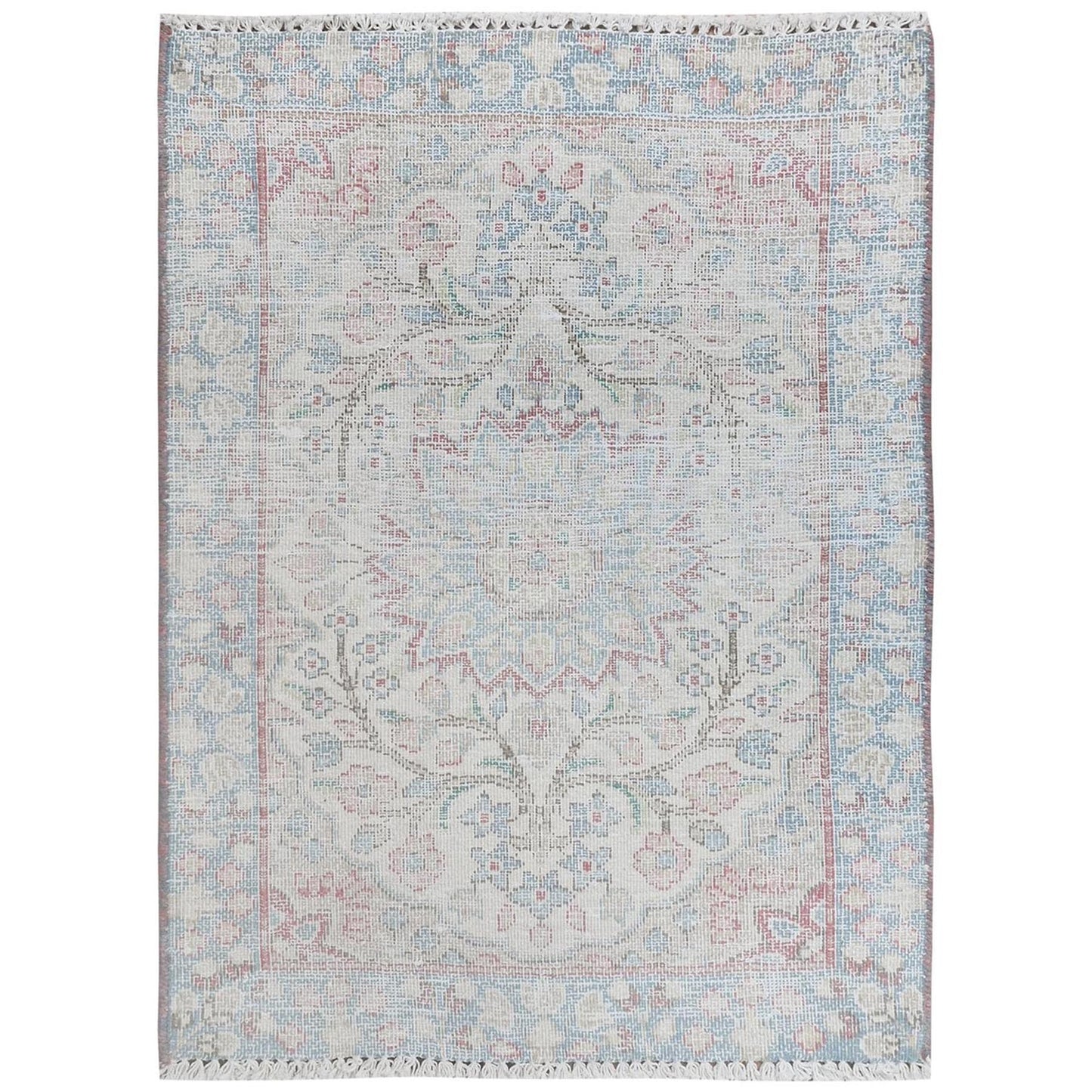 2'X2'7" Ivory Vintage Farsian Karman Worn Wool Hand Knotted Mat Rug