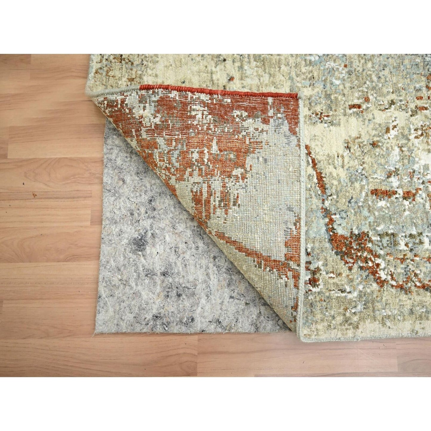 2'7"X12'6" Gray-Beige Abstract Design 100% Wool Hand Knotted Runner Rug