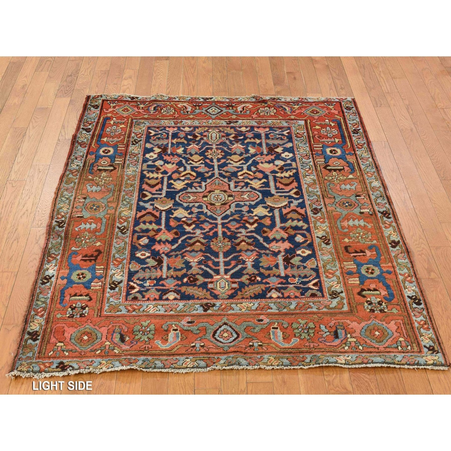 4'6"X5'6" Blue Antique Zoroastrian Heris Wide Serapi Borders Oriental Rug