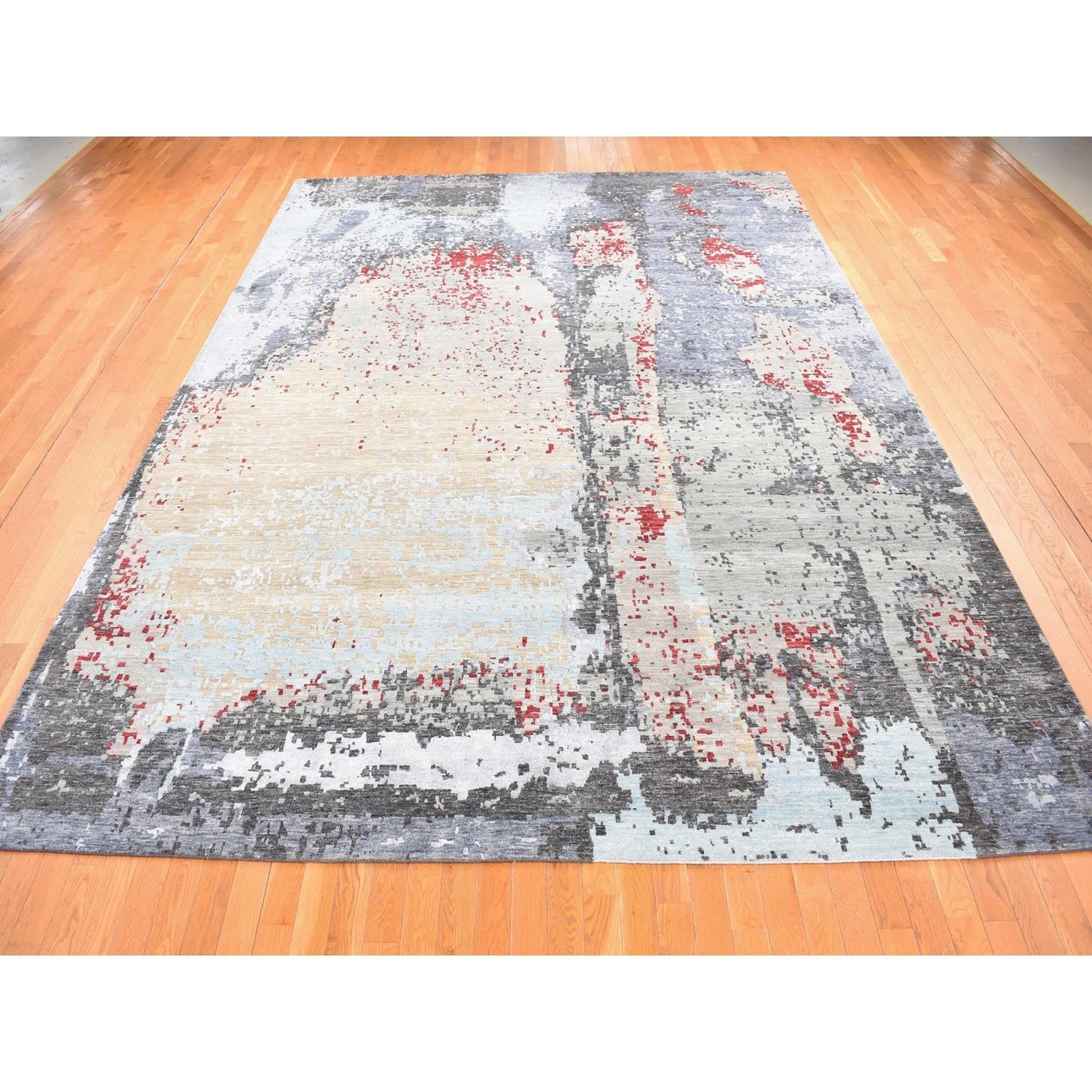 10'X14'2" Gray Abstract Design Denser Weave Pure Wool Hand Knotted Rug