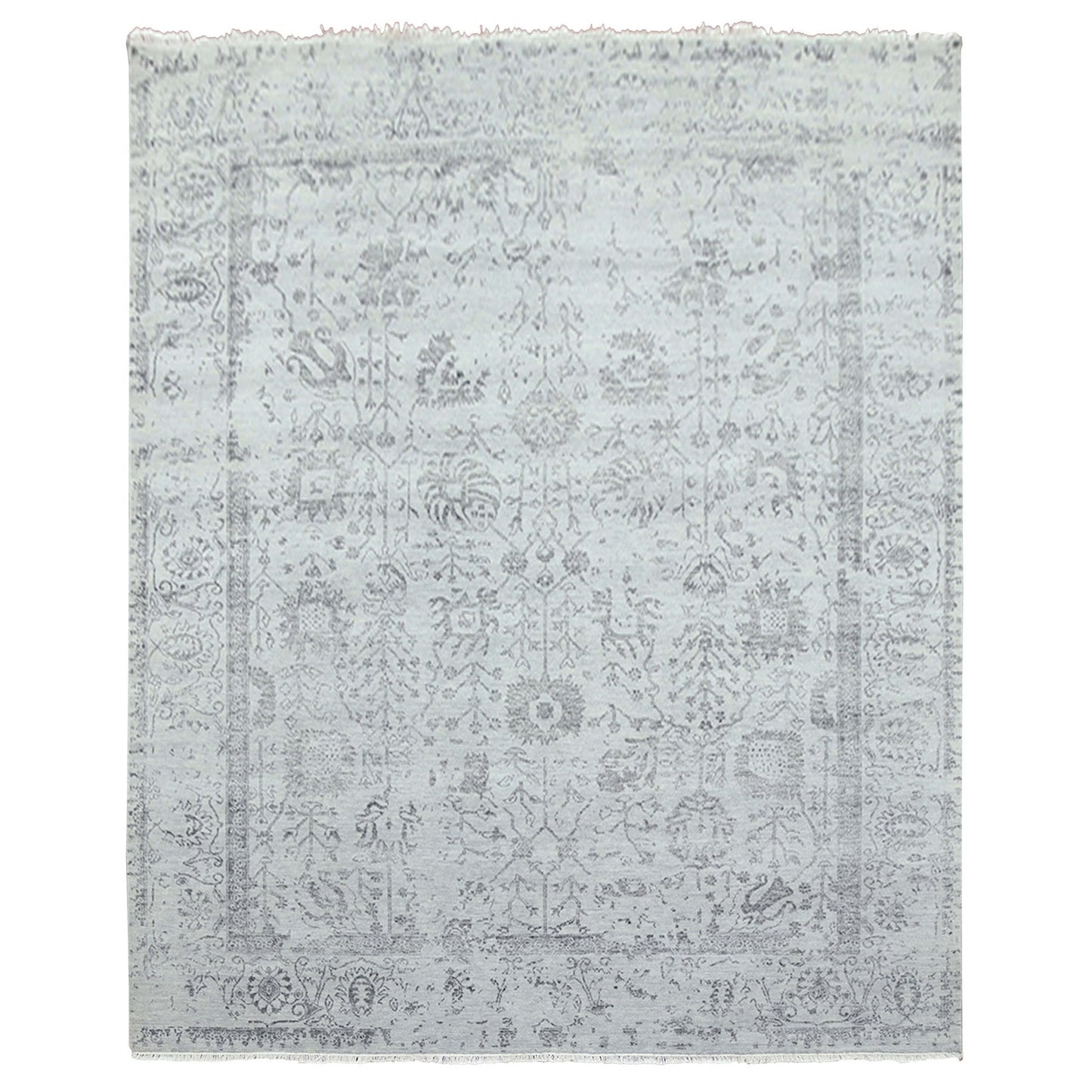 8'X9'10" Gray Wool And Silk Hand Knotted Zoroastrian Tebraz Design Rug