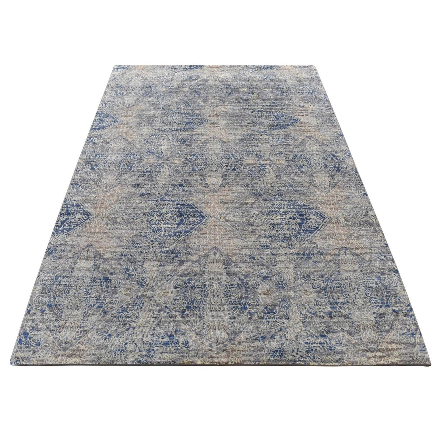 4'9"X7' Gray Erased Rossets Silk With Wool Hand Knotted Rug
