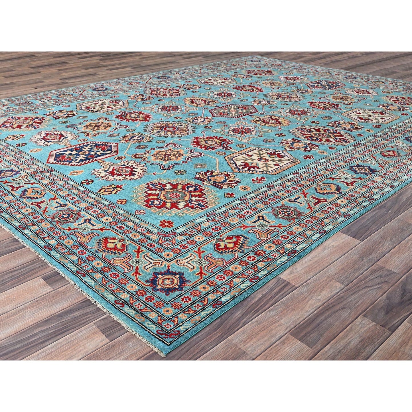 9'X12'1" Fanfare Blue Kazak Geometric Hand Knotted 100% Wool Oriental Rug