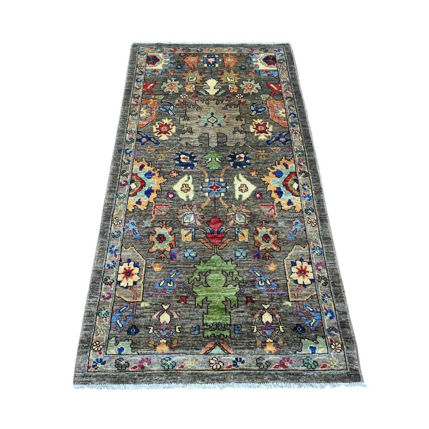 3'1"X6' Dim Gray Peshawar Heris Design Pure Wool Hand Knotted Runner Rug