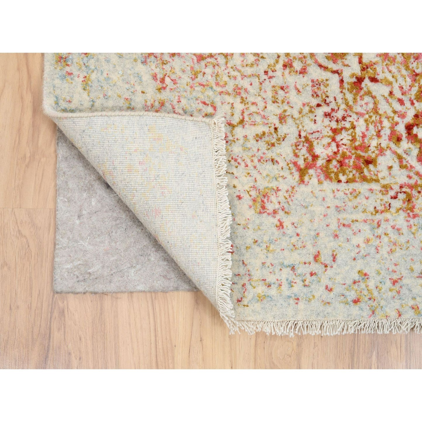 4'X11'9" Hand Knotted Pink Farsian Design Wool And Silk Wide Runner Rug