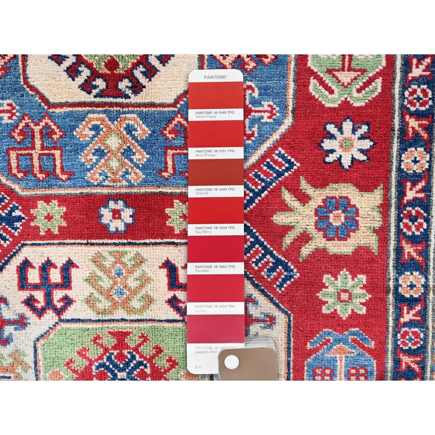 4'X5'8" Arsenal Red Kazak With Geometric Design Hand Knotted Soft Wool Rug