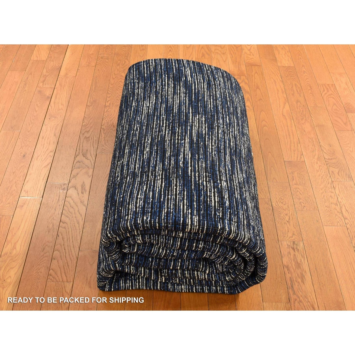 9'2"X12' Steel Blue Modern Fence Design Wool And Art Silk Hand Loomed Rug